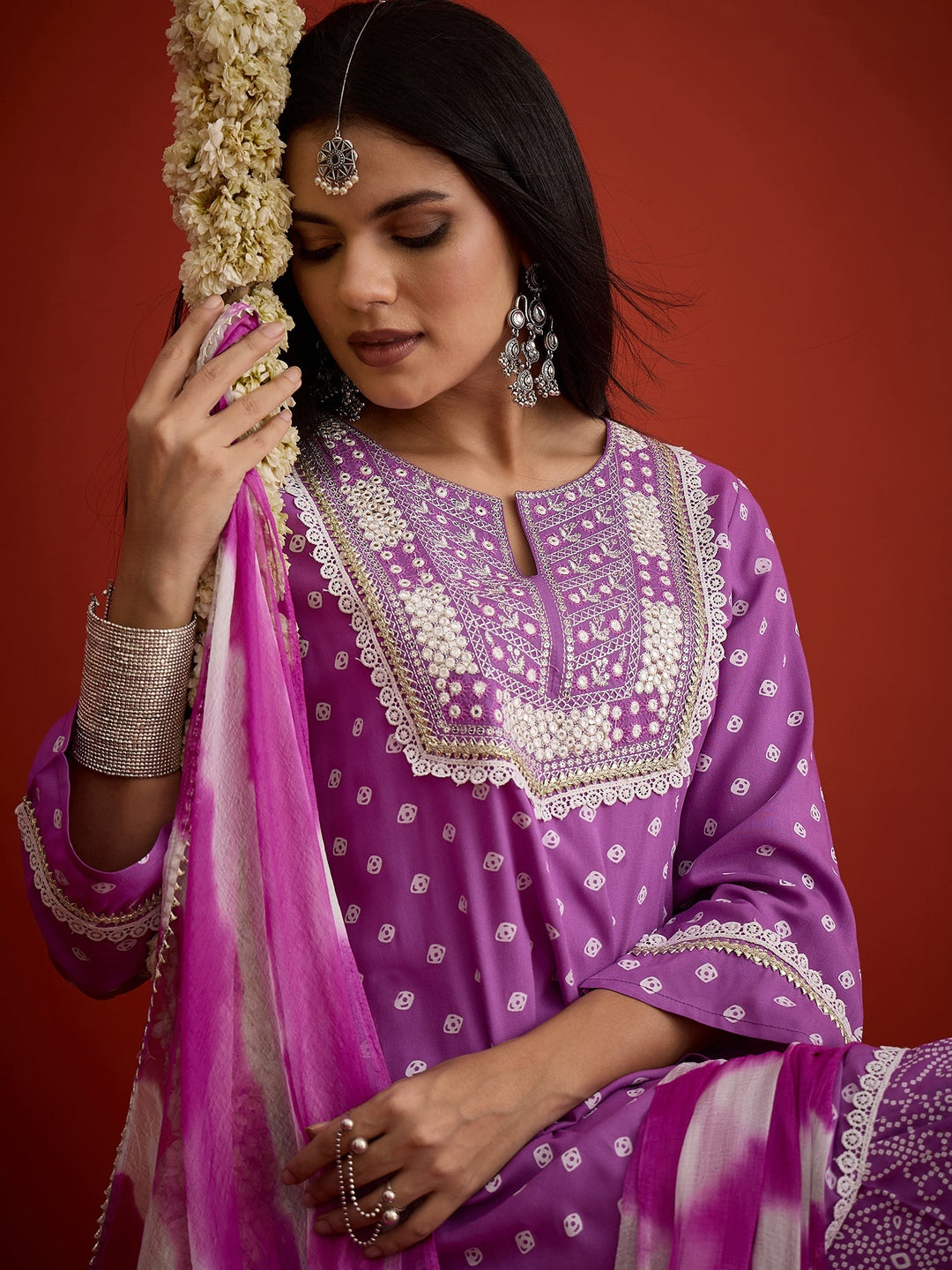 Purple Bandhej Printed & Embroidered Rayon A-Line Short Kurti Farshi Salwar Dupatta Set