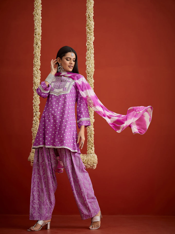 Purple Bandhej Printed & Embroidered Rayon A-Line Short Kurti Farshi Salwar Dupatta Set