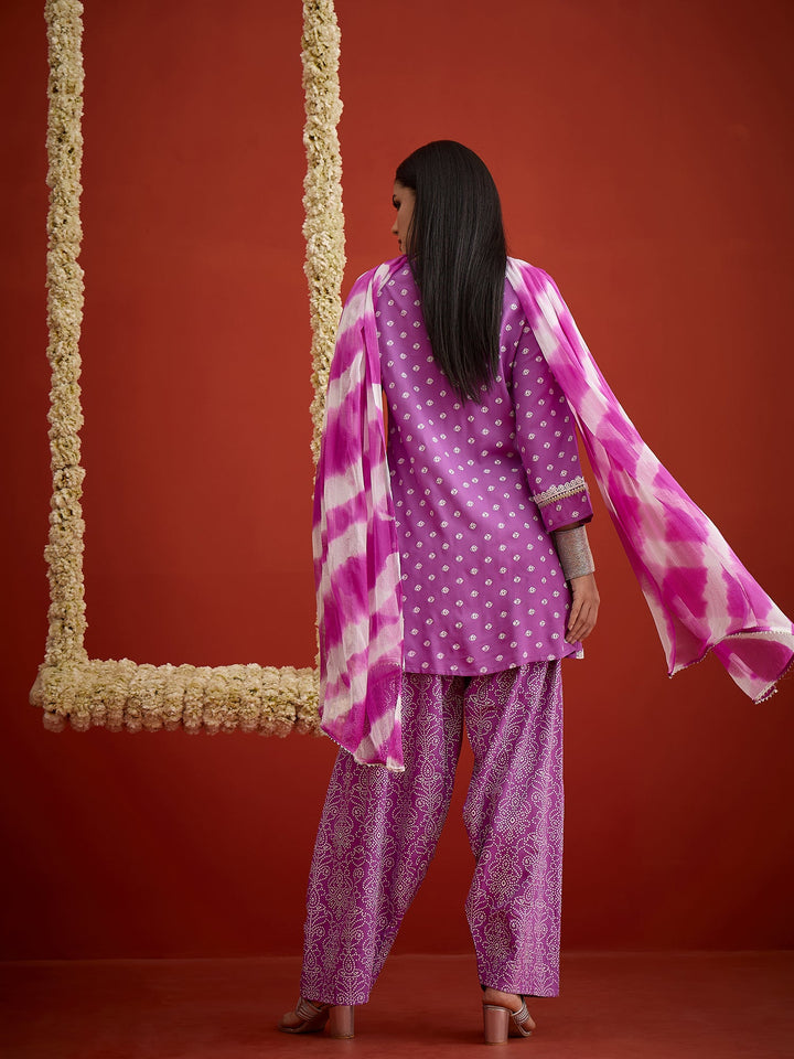 Purple Bandhej Printed & Embroidered Rayon A-Line Short Kurti Farshi Salwar Dupatta Set