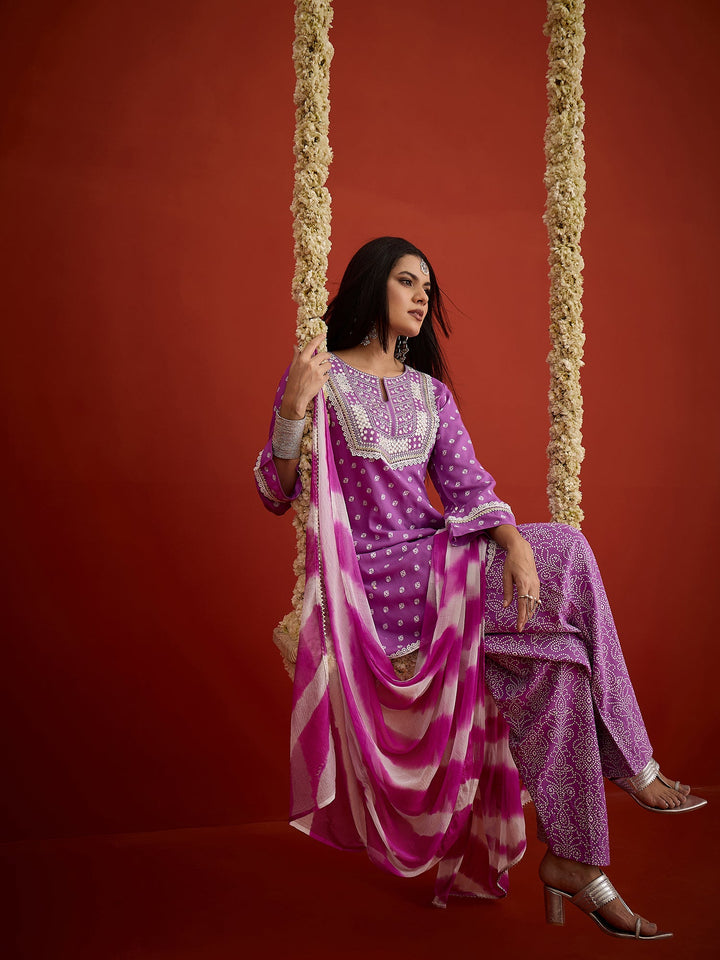 Purple Bandhej Printed & Embroidered Rayon A-Line Short Kurti Farshi Salwar Dupatta Set