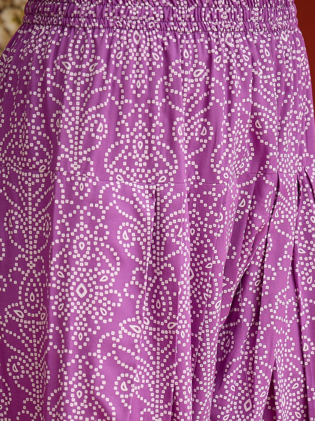 Purple Bandhej Printed & Embroidered Rayon A-Line Short Kurti Farshi Salwar Dupatta Set