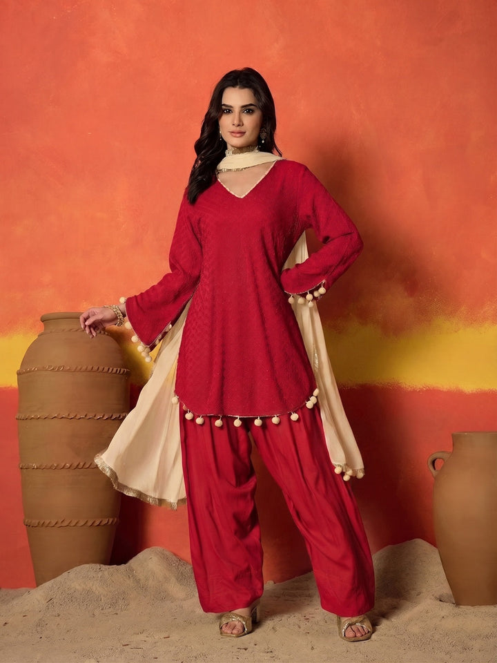 Red Chikankari Rayon A-Line Kurti Farshi Salwar With Dupatta Set