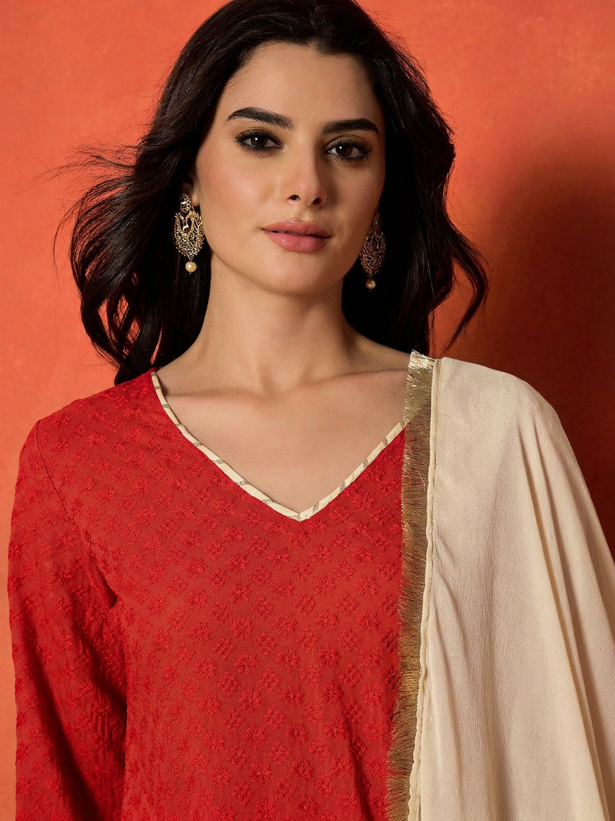 Red Chikankari Rayon A-Line Kurti Farshi Salwar With Dupatta Set