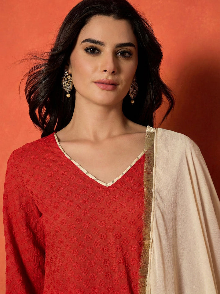 Red Chikankari Rayon A-Line Kurti Farshi Salwar With Dupatta Set