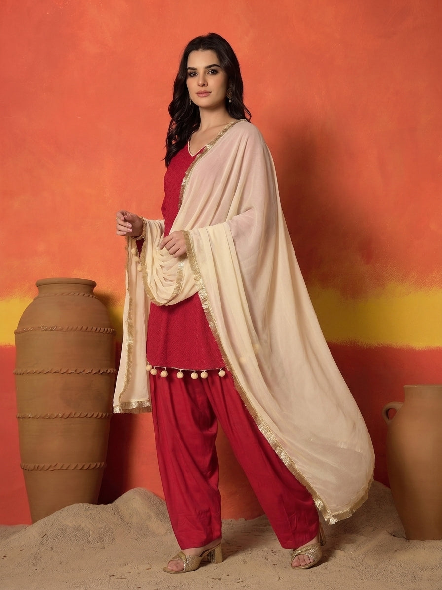 Red Chikankari Rayon A-Line Kurti Farshi Salwar With Dupatta Set