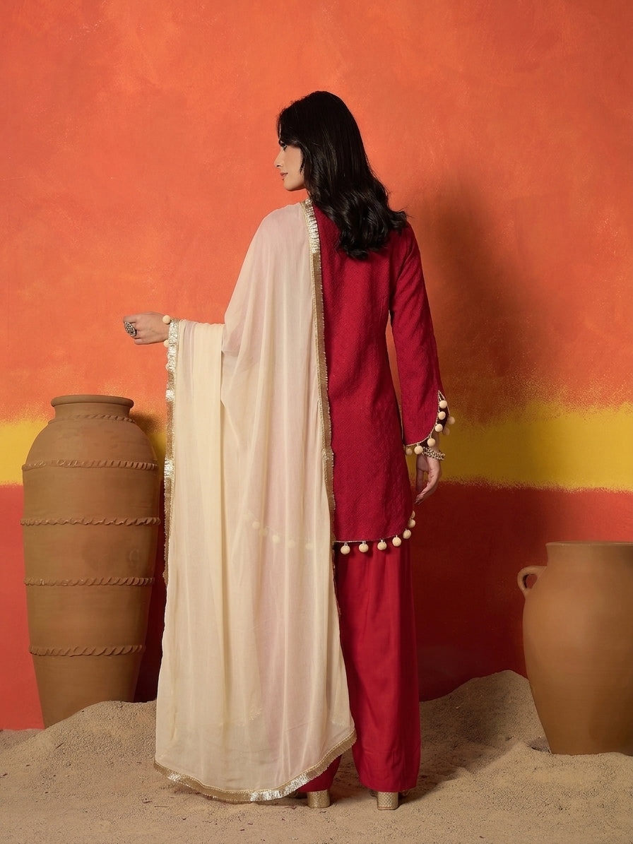Red Chikankari Rayon A-Line Kurti Farshi Salwar With Dupatta Set