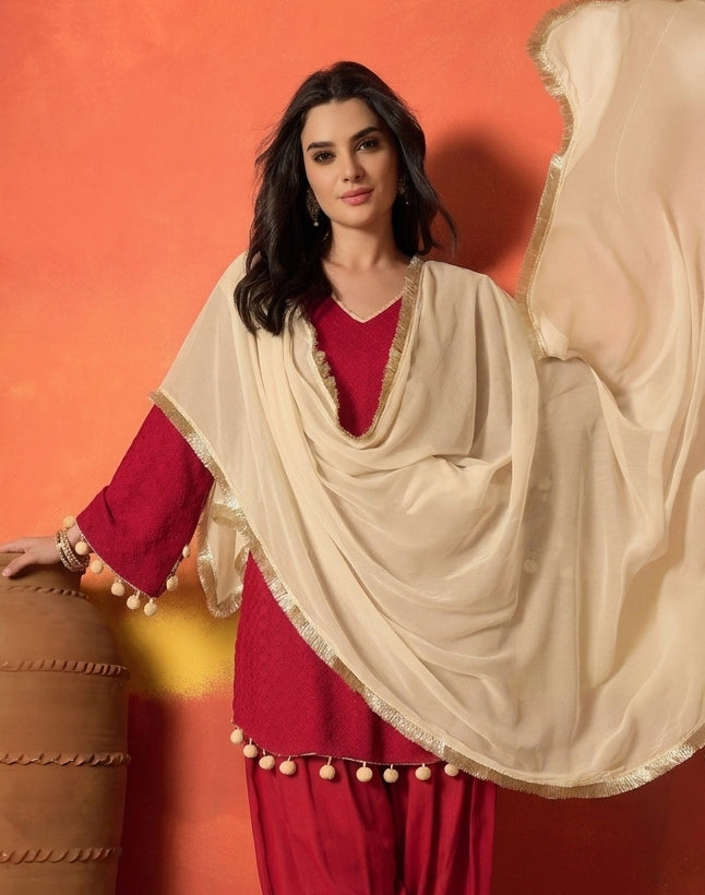 Red Chikankari Rayon A-Line Kurti Farshi Salwar With Dupatta Set