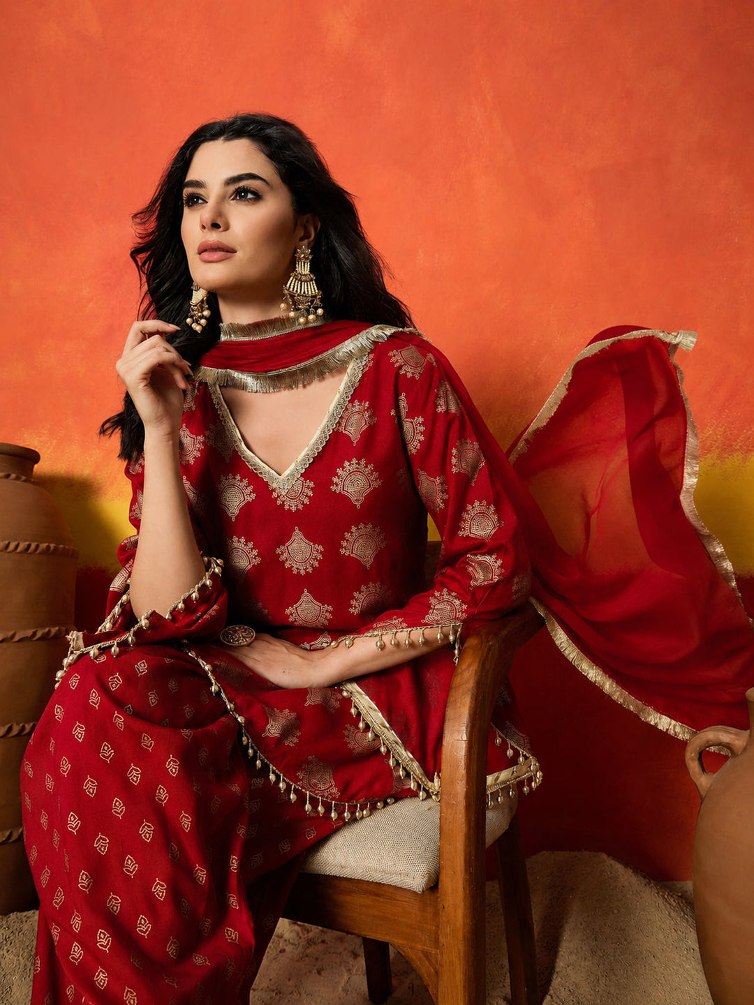 Red Gold Printed Rayon A-Line Kurti Farshi Salwar With Dupatta