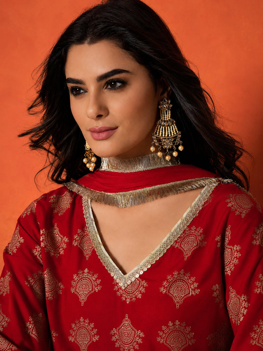 Red Gold Printed Rayon A-Line Kurti Farshi Salwar With Dupatta