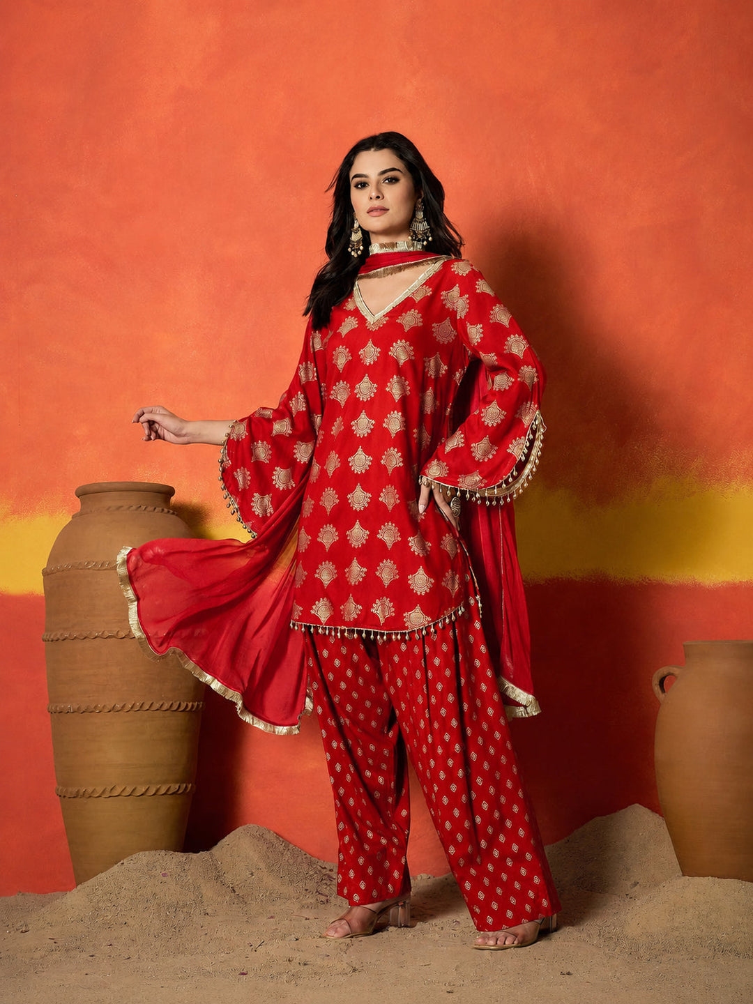 Red Gold Printed Rayon A-Line Kurti Farshi Salwar With Dupatta