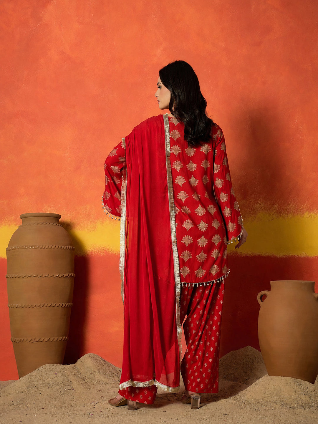 Red Gold Printed Rayon A-Line Kurti Farshi Salwar With Dupatta