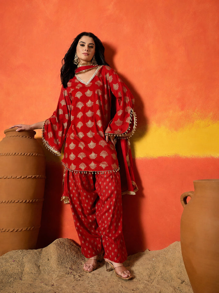 Red Gold Printed Rayon A-Line Kurti Farshi Salwar With Dupatta