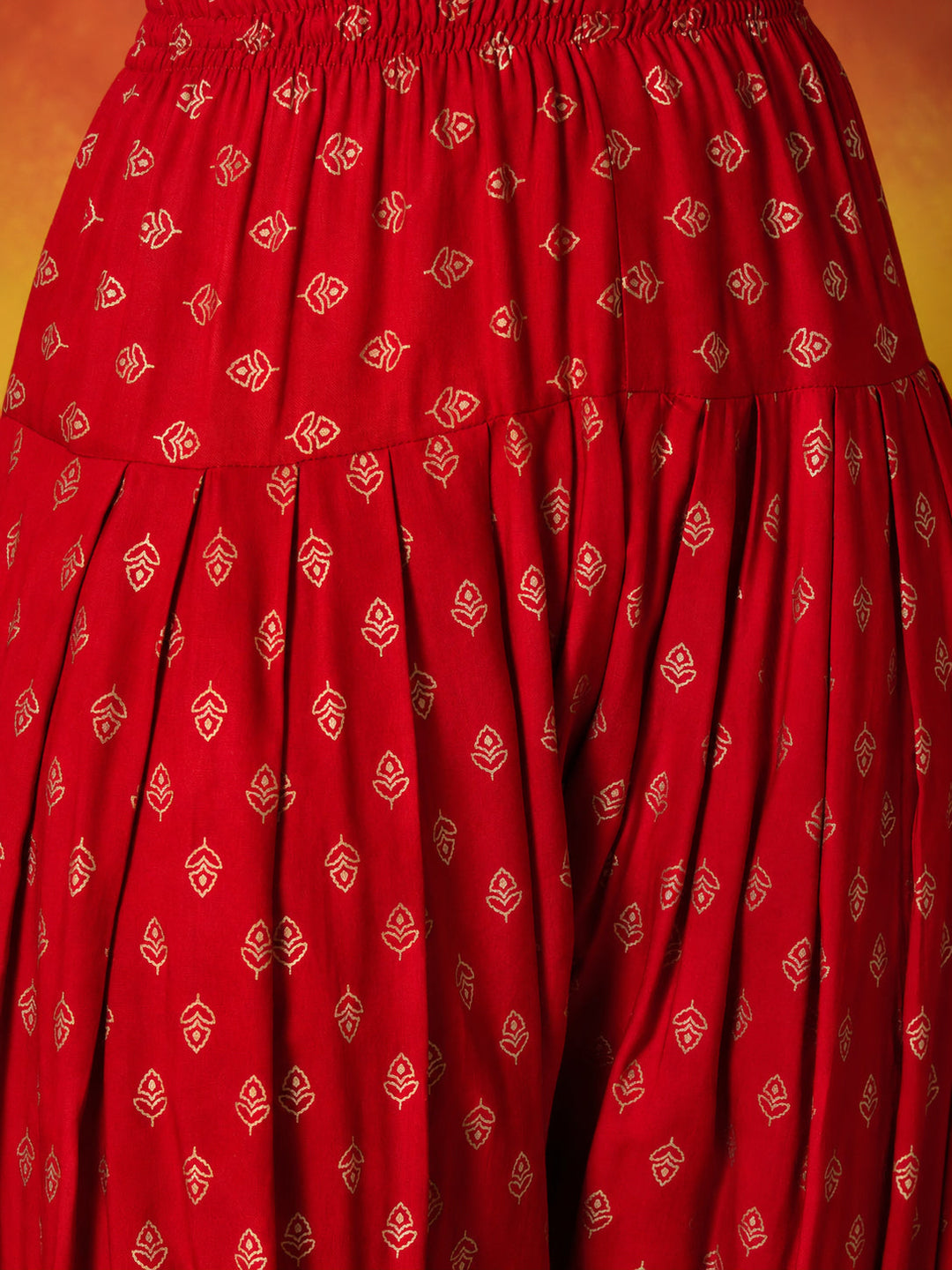 Red Gold Printed Rayon A-Line Kurti Farshi Salwar With Dupatta