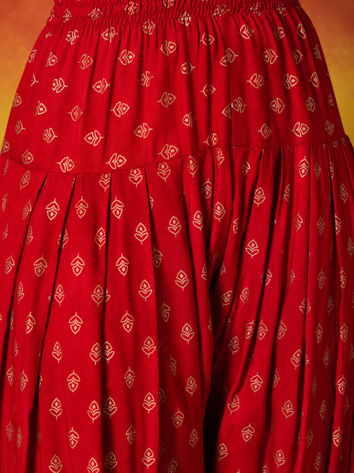 Red Gold Printed Rayon A-Line Kurti Farshi Salwar With Dupatta