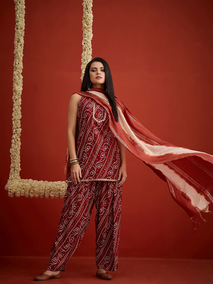 Rust Bandhej Printed Rayon Straight Short Kurti Farshi Salwar Dupatta Set