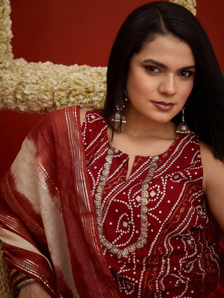 Rust Bandhej Printed Rayon Straight Short Kurti Farshi Salwar Dupatta Set