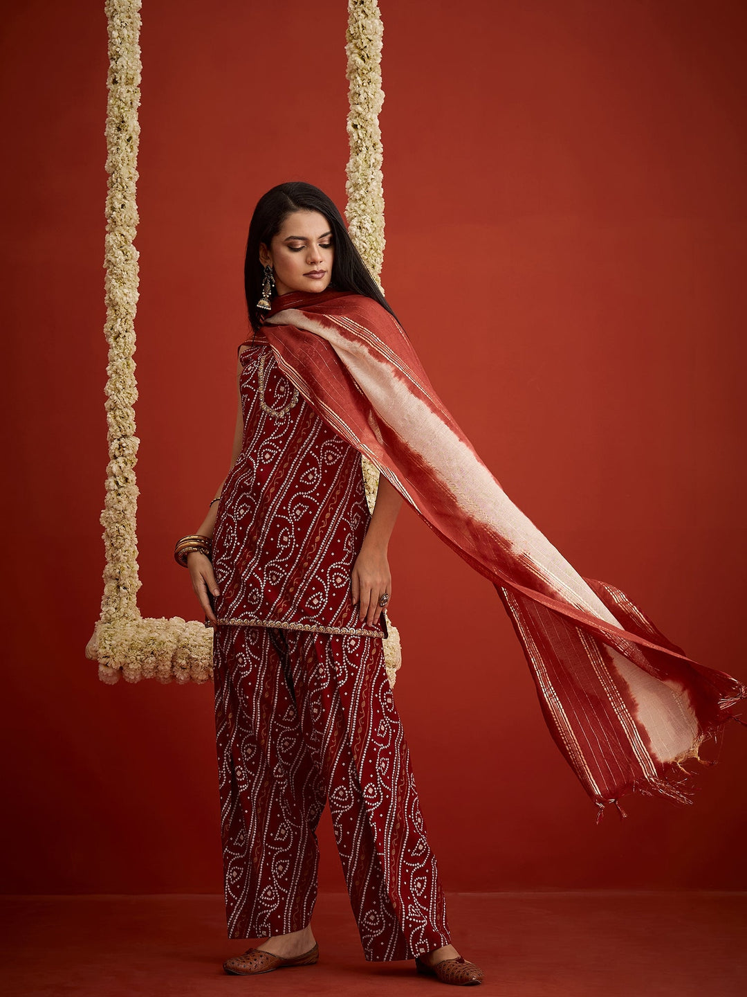 Rust Bandhej Printed Rayon Straight Short Kurti Farshi Salwar Dupatta Set