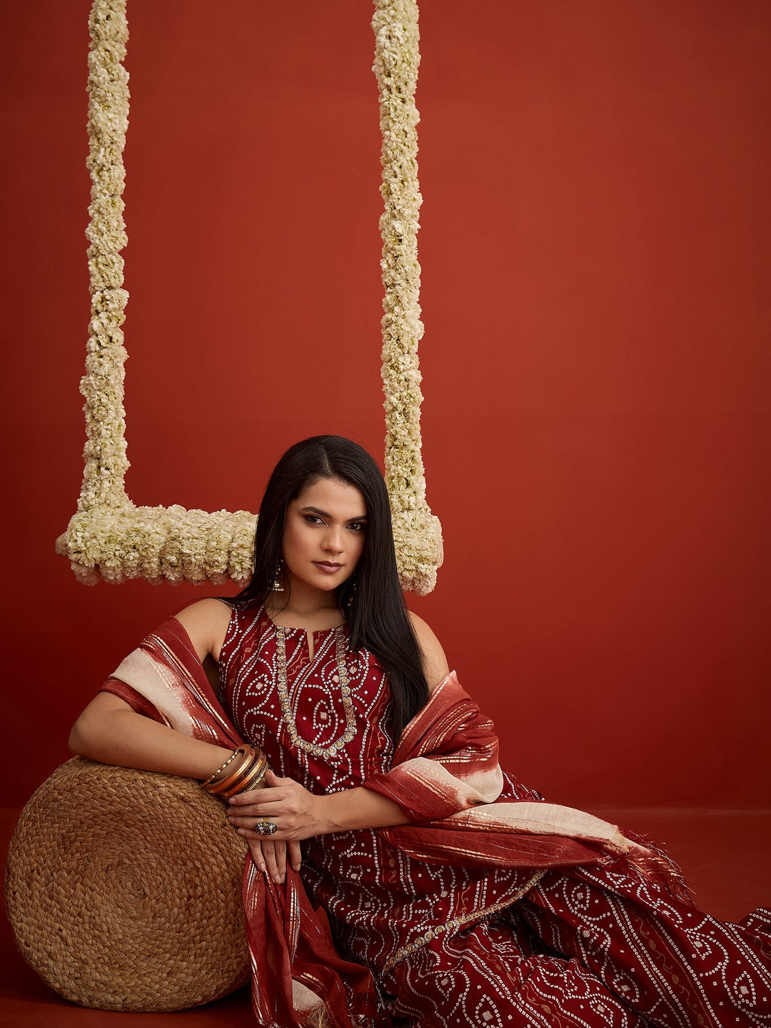 Rust Bandhej Printed Rayon Straight Short Kurti Farshi Salwar Dupatta Set