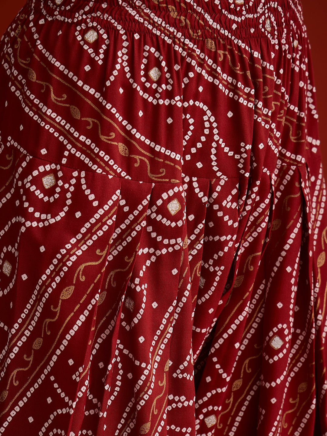 Rust Bandhej Printed Rayon Straight Short Kurti Farshi Salwar Dupatta Set