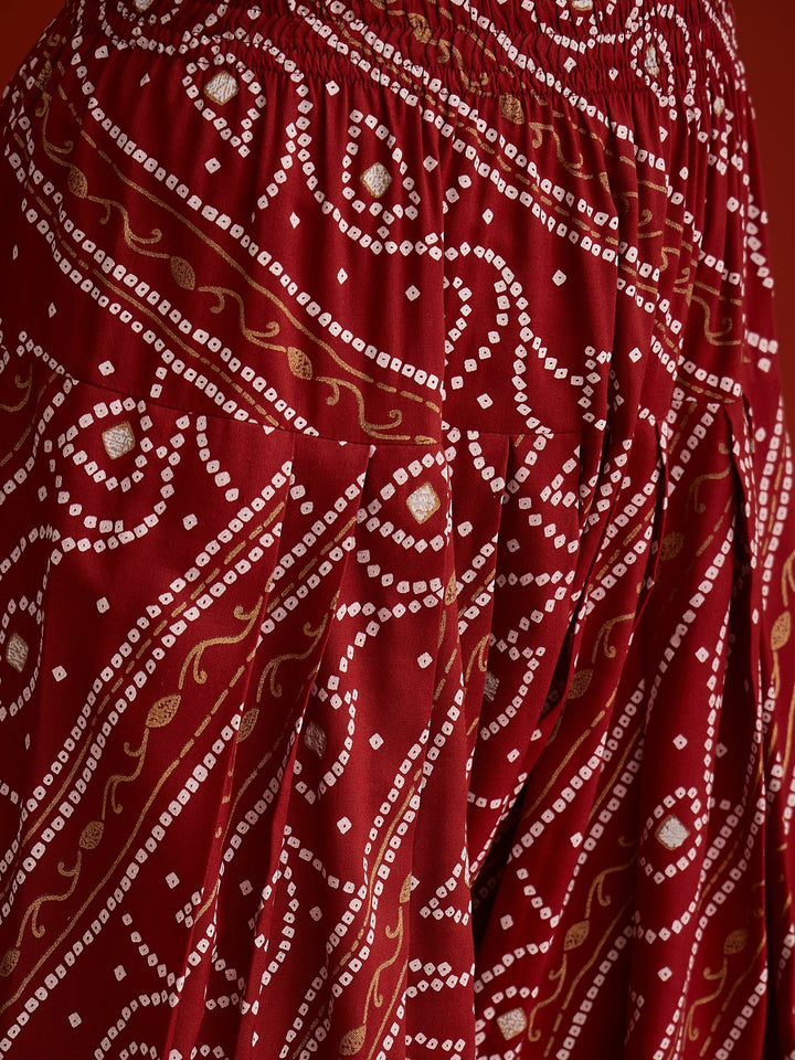 Rust Bandhej Printed Rayon Straight Short Kurti Farshi Salwar Dupatta Set