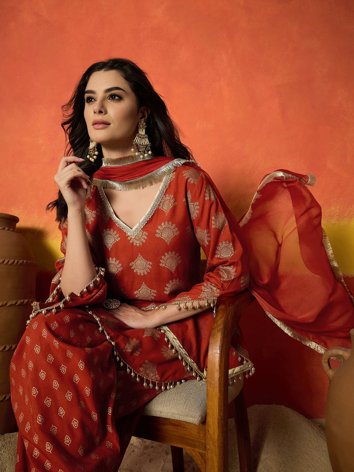 Rust Gold Printed Rayon A-Line Kurti Farshi Salwar With Dupatta Set