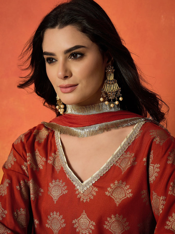Rust Gold Printed Rayon A-Line Kurti Farshi Salwar With Dupatta Set