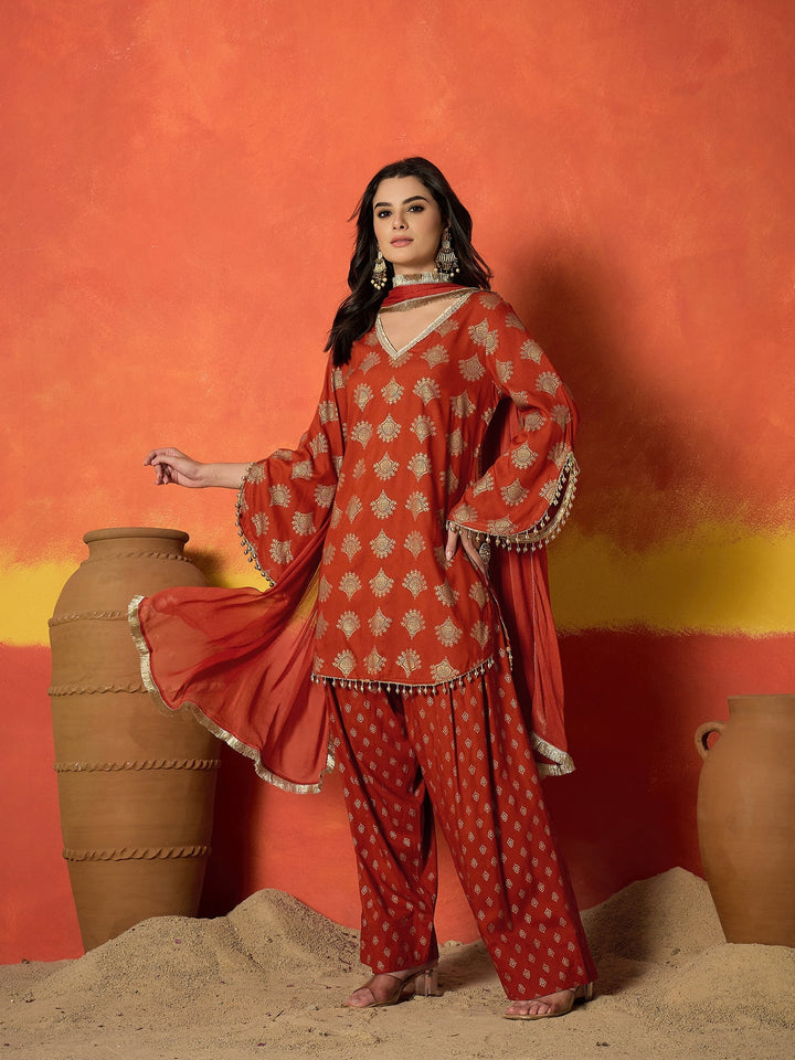 Rust Gold Printed Rayon A-Line Kurti Farshi Salwar With Dupatta Set
