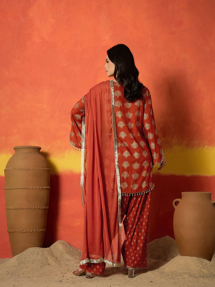 Rust Gold Printed Rayon A-Line Kurti Farshi Salwar With Dupatta Set
