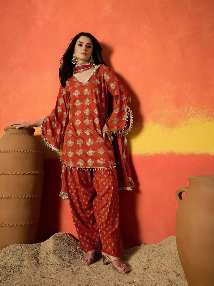 Rust Gold Printed Rayon A-Line Kurti Farshi Salwar With Dupatta Set