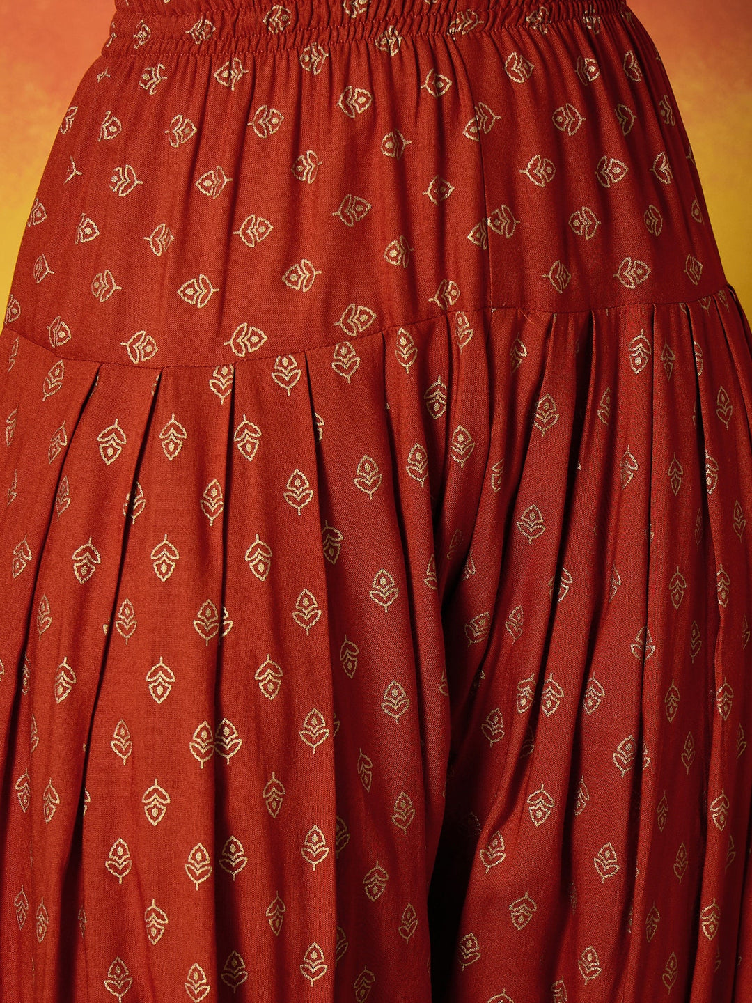 Rust Gold Printed Rayon A-Line Kurti Farshi Salwar With Dupatta Set