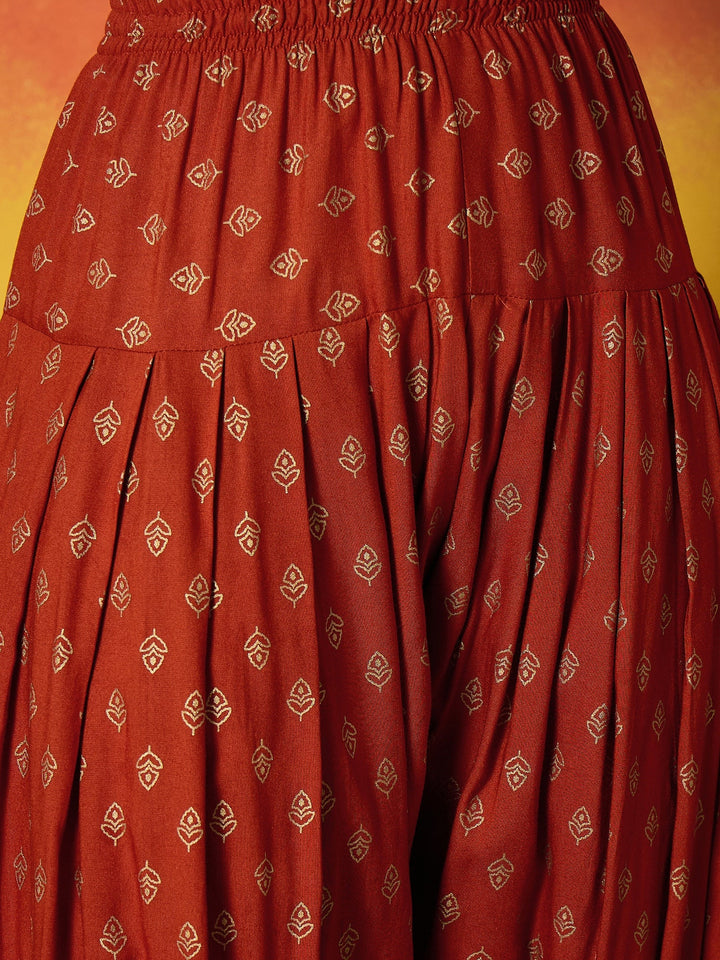 Rust Gold Printed Rayon A-Line Kurti Farshi Salwar With Dupatta Set
