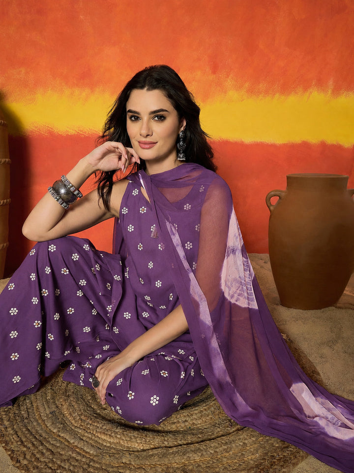 Violet Floral Printed Rayon Straight Kurti Farshi Salwar Dupatta Set