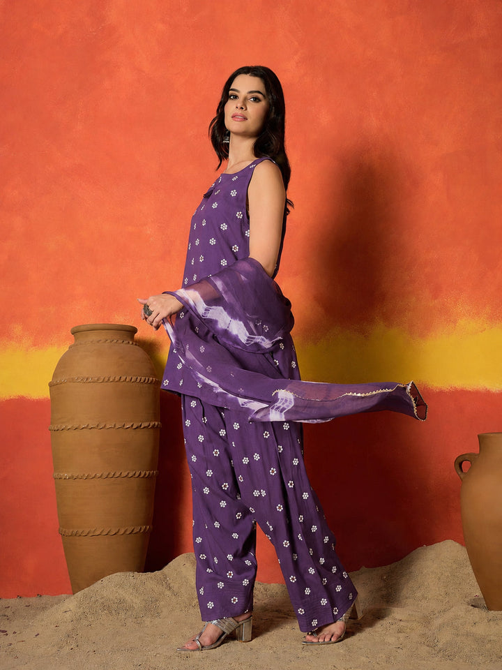 Violet Floral Printed Rayon Straight Kurti Farshi Salwar Dupatta Set