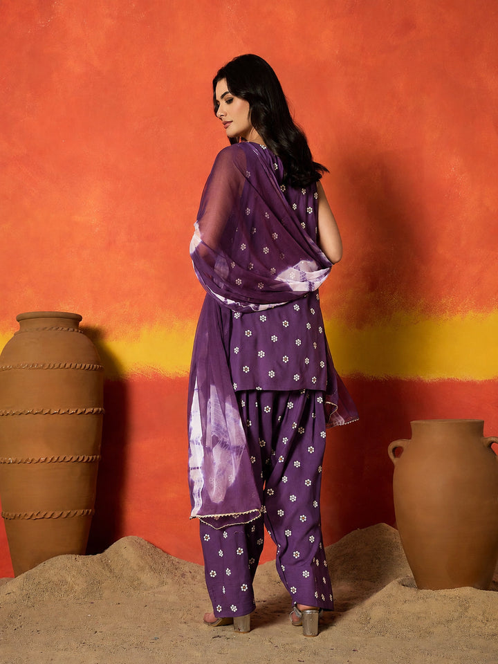 Violet Floral Printed Rayon Straight Kurti Farshi Salwar Dupatta Set