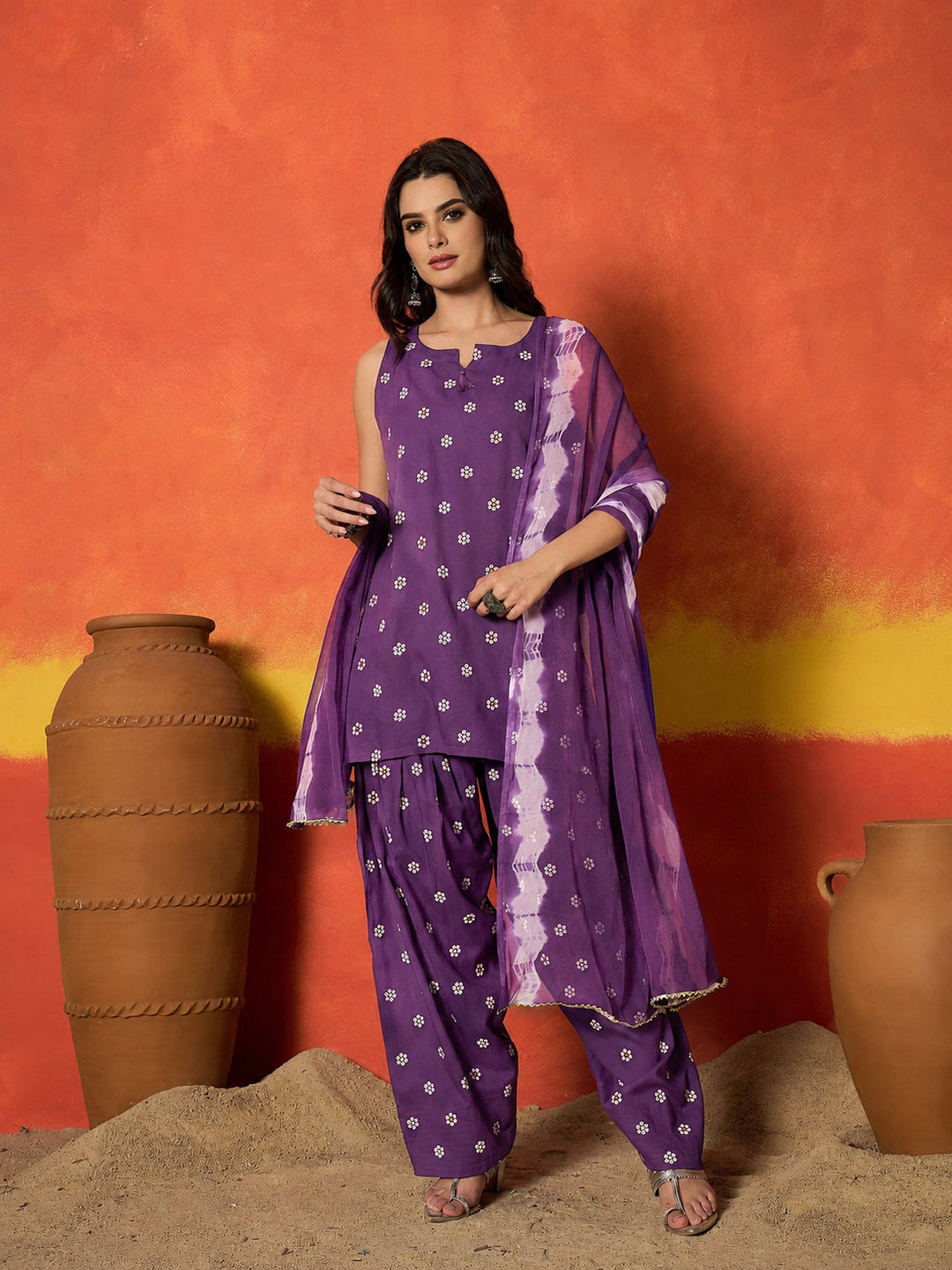 Violet Floral Printed Rayon Straight Kurti Farshi Salwar Dupatta Set