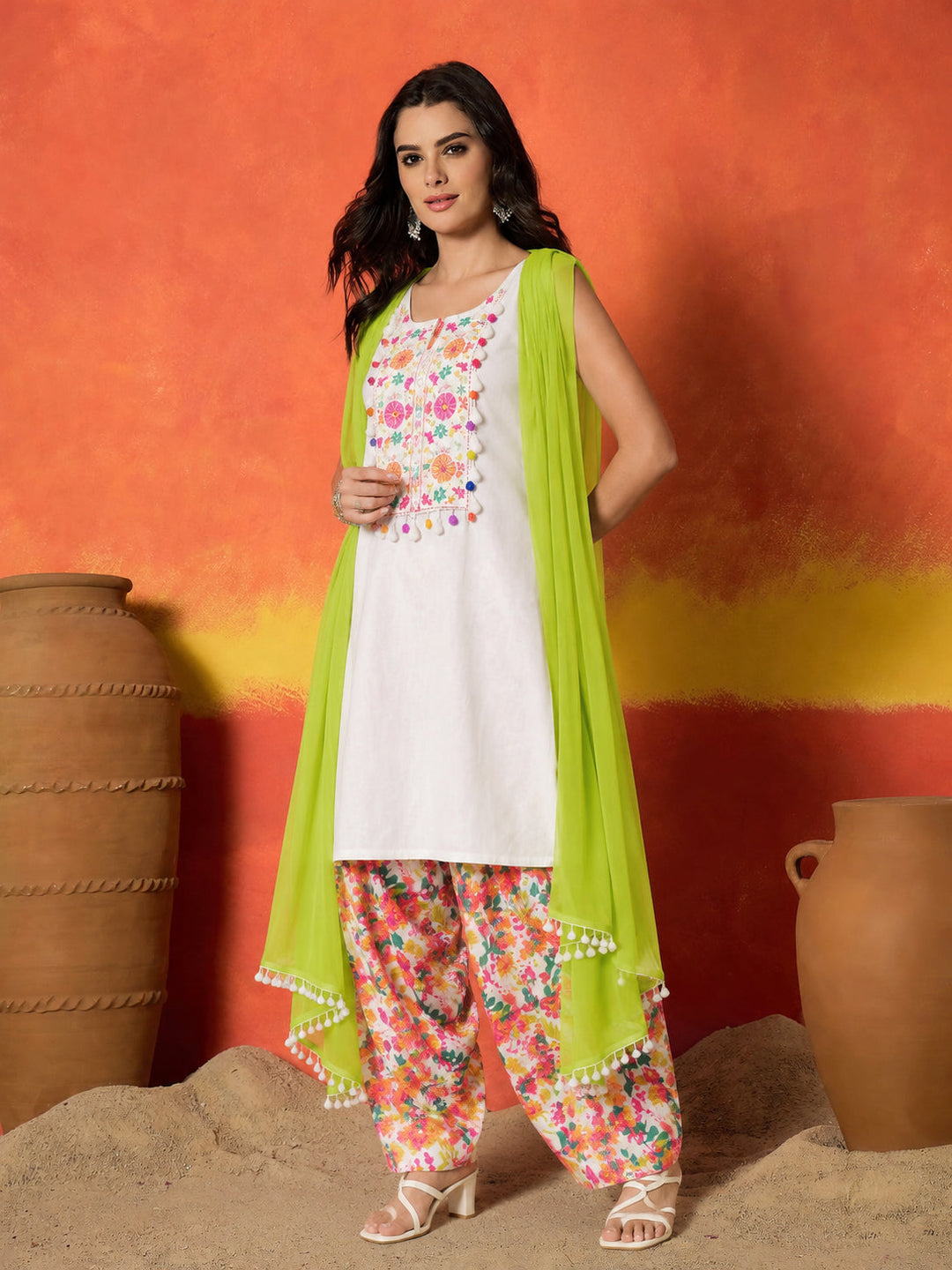 White Solid & Embroidered Pure Cotton Straight Kurti Farshi Salwar With Dupatta