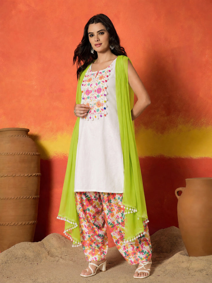 White Solid & Embroidered Pure Cotton Straight Kurti Farshi Salwar With Dupatta