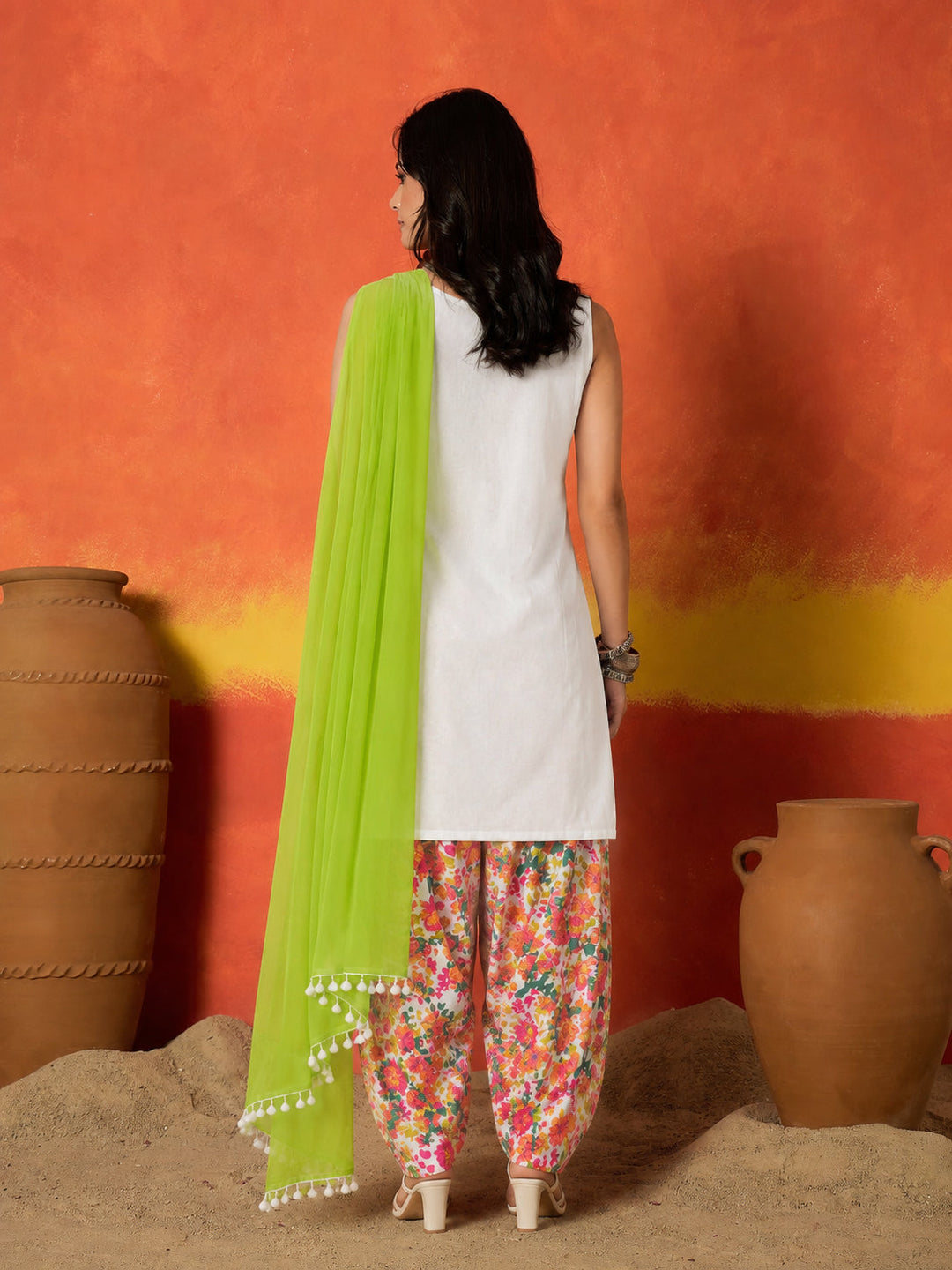 White Solid & Embroidered Pure Cotton Straight Kurti Farshi Salwar With Dupatta