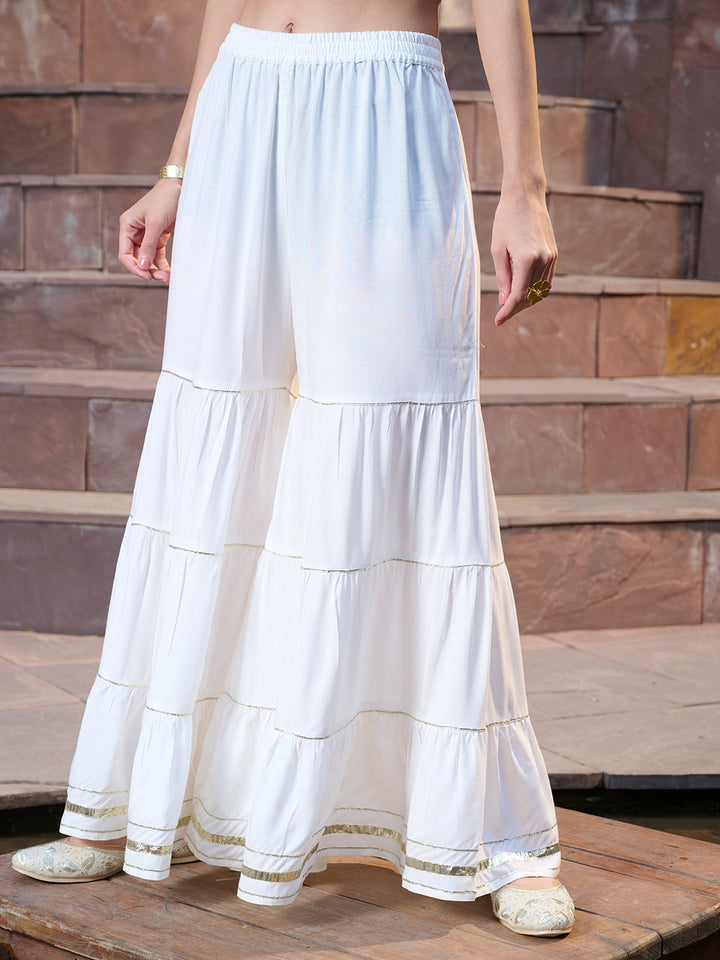 White Solid & Embroidered Rayon Short Kurti Sharara Dupatta Set