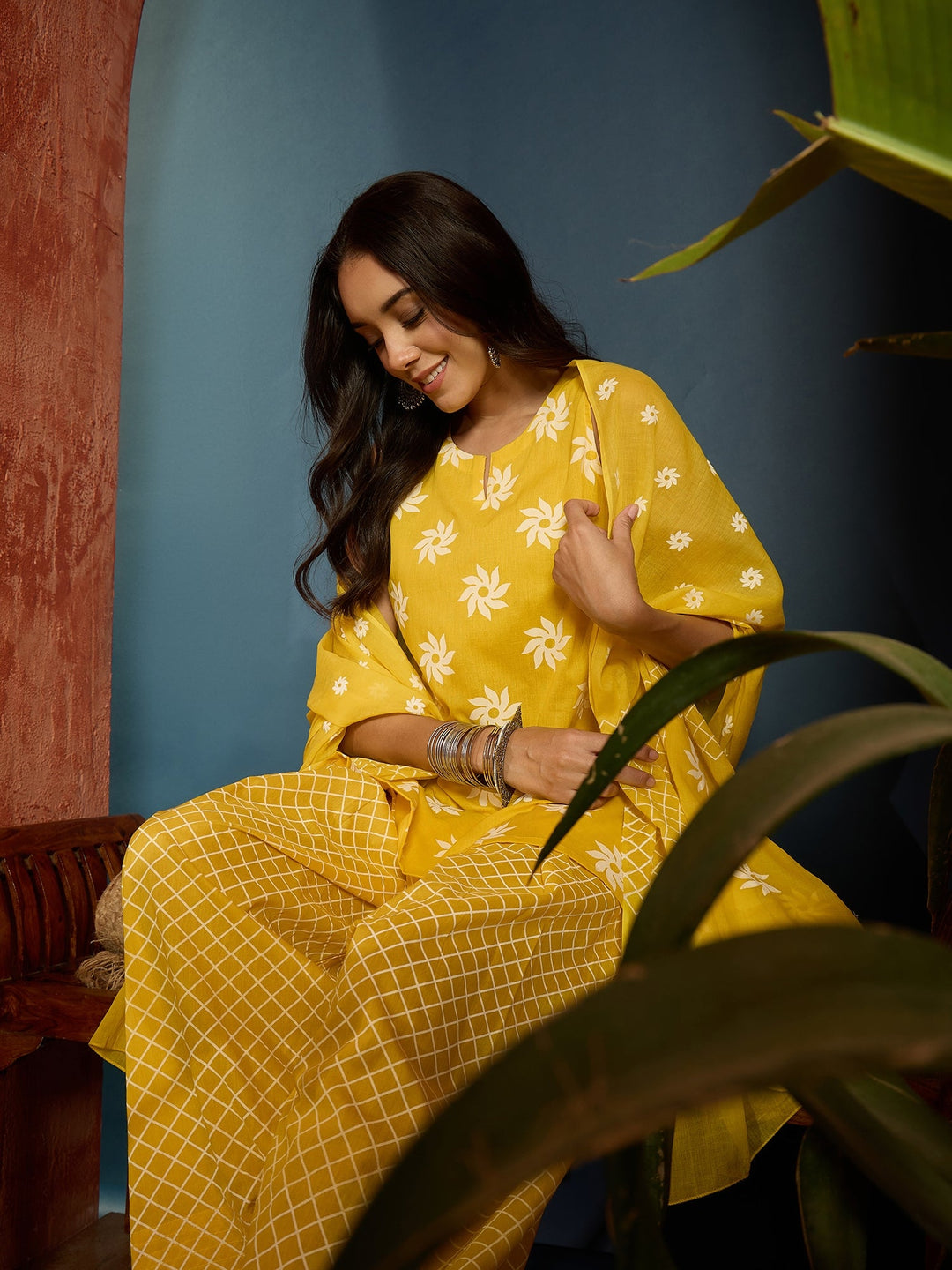 Yellow Floral Printed Pure Cotton Straight Kurti Farshi Salwar With Dupatta