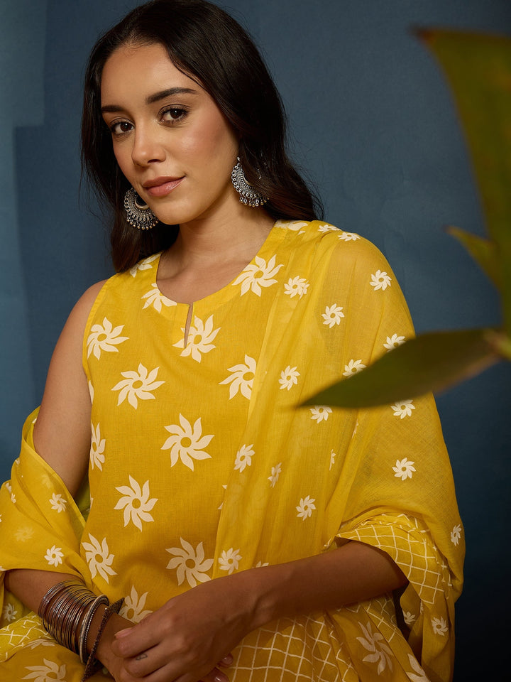 Yellow Floral Printed Pure Cotton Straight Kurti Farshi Salwar With Dupatta