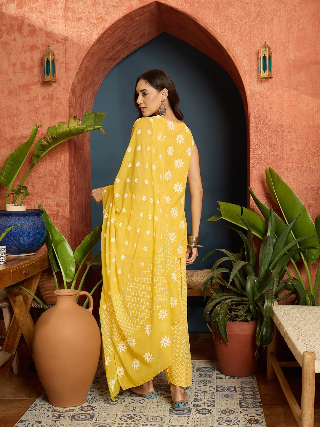 Yellow Floral Printed Pure Cotton Straight Kurti Farshi Salwar With Dupatta