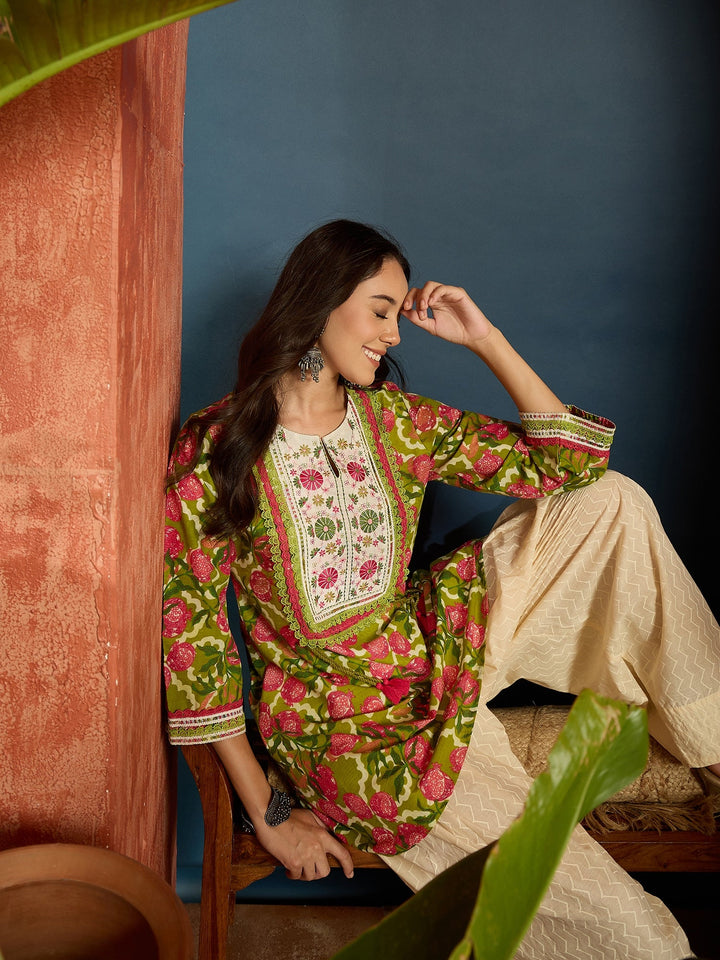 Green Floral Printed & Embroidered Cotton A-Line Short Kurti With Farshi Salwar