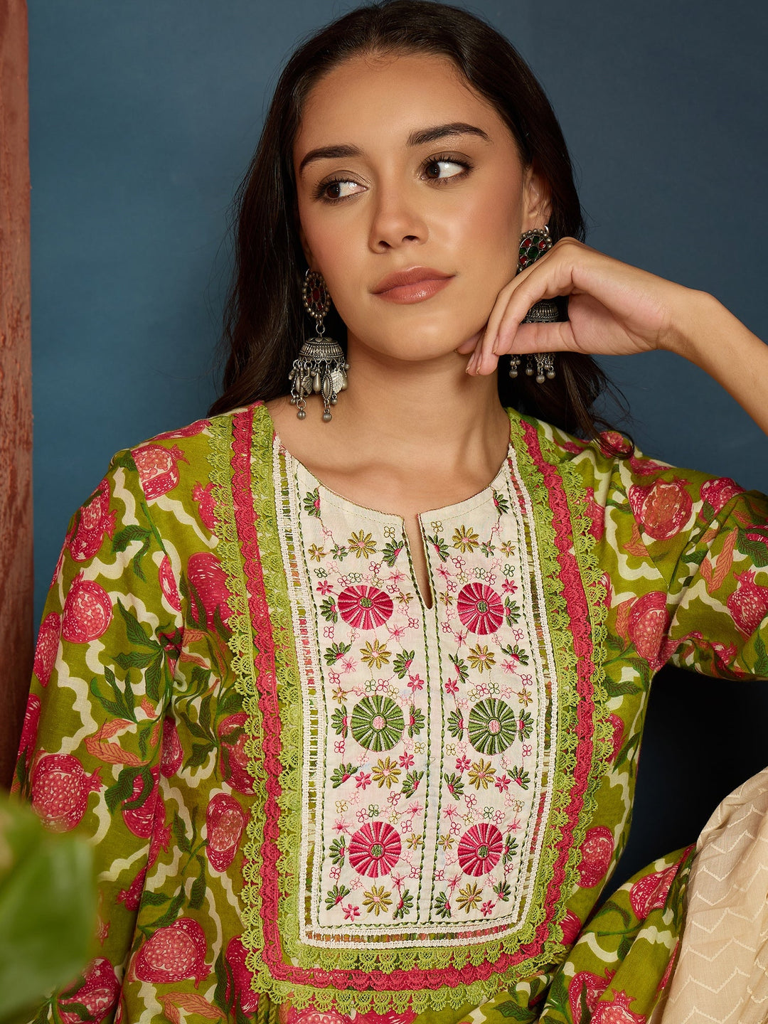 Green Floral Printed & Embroidered Cotton A-Line Short Kurti With Farshi Salwar