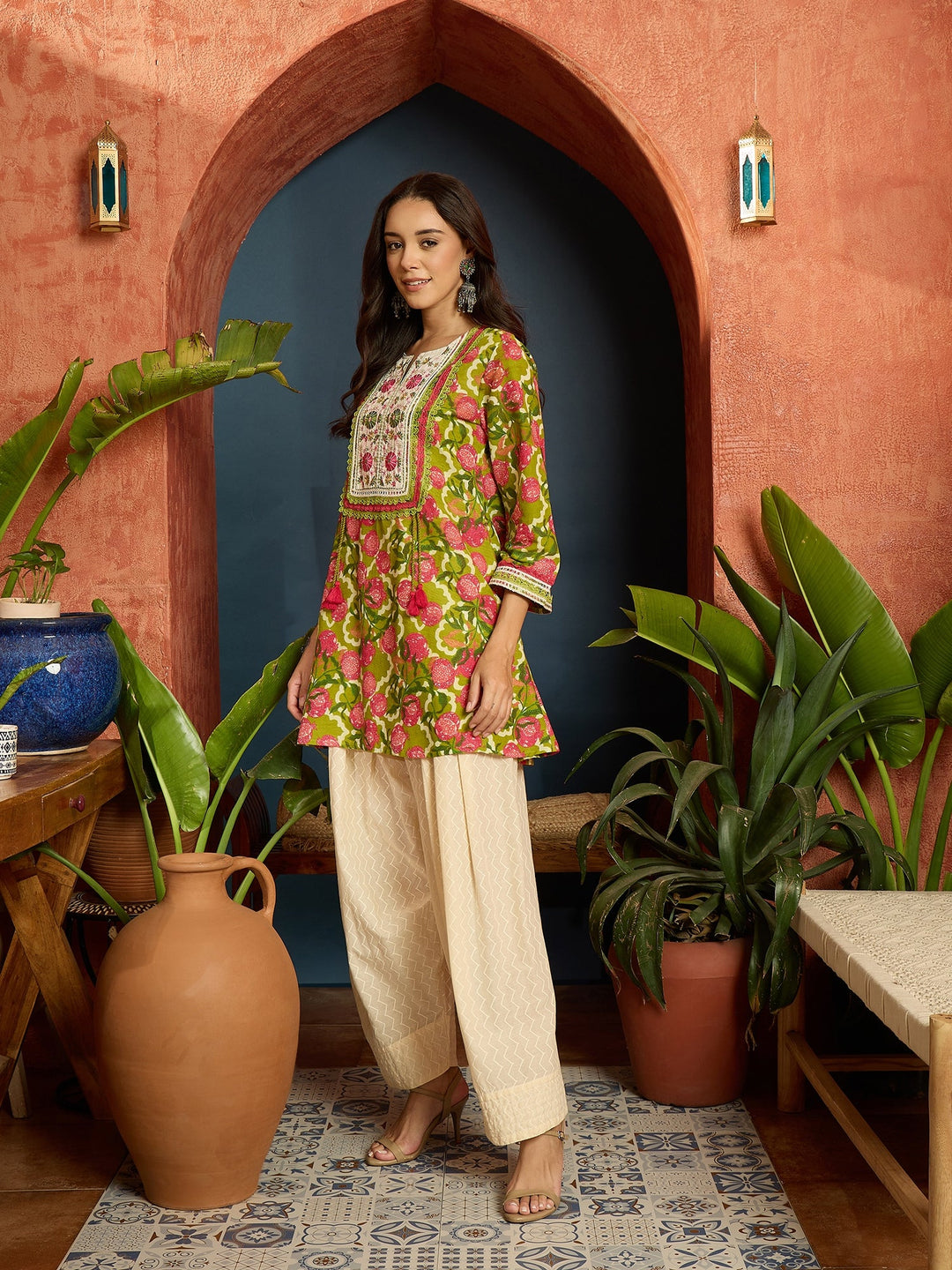 Green Floral Printed & Embroidered Cotton A-Line Short Kurti With Farshi Salwar