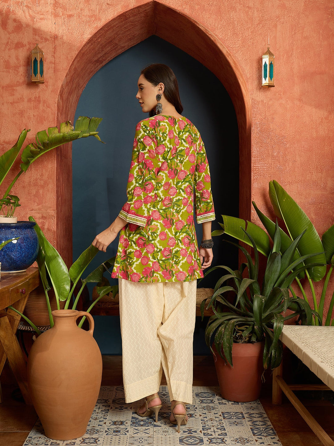 Green Floral Printed & Embroidered Cotton A-Line Short Kurti With Farshi Salwar