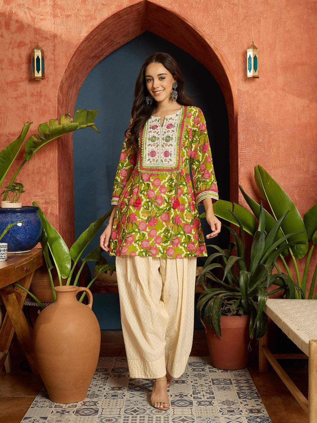Green Floral Printed & Embroidered Cotton A-Line Short Kurti With Farshi Salwar