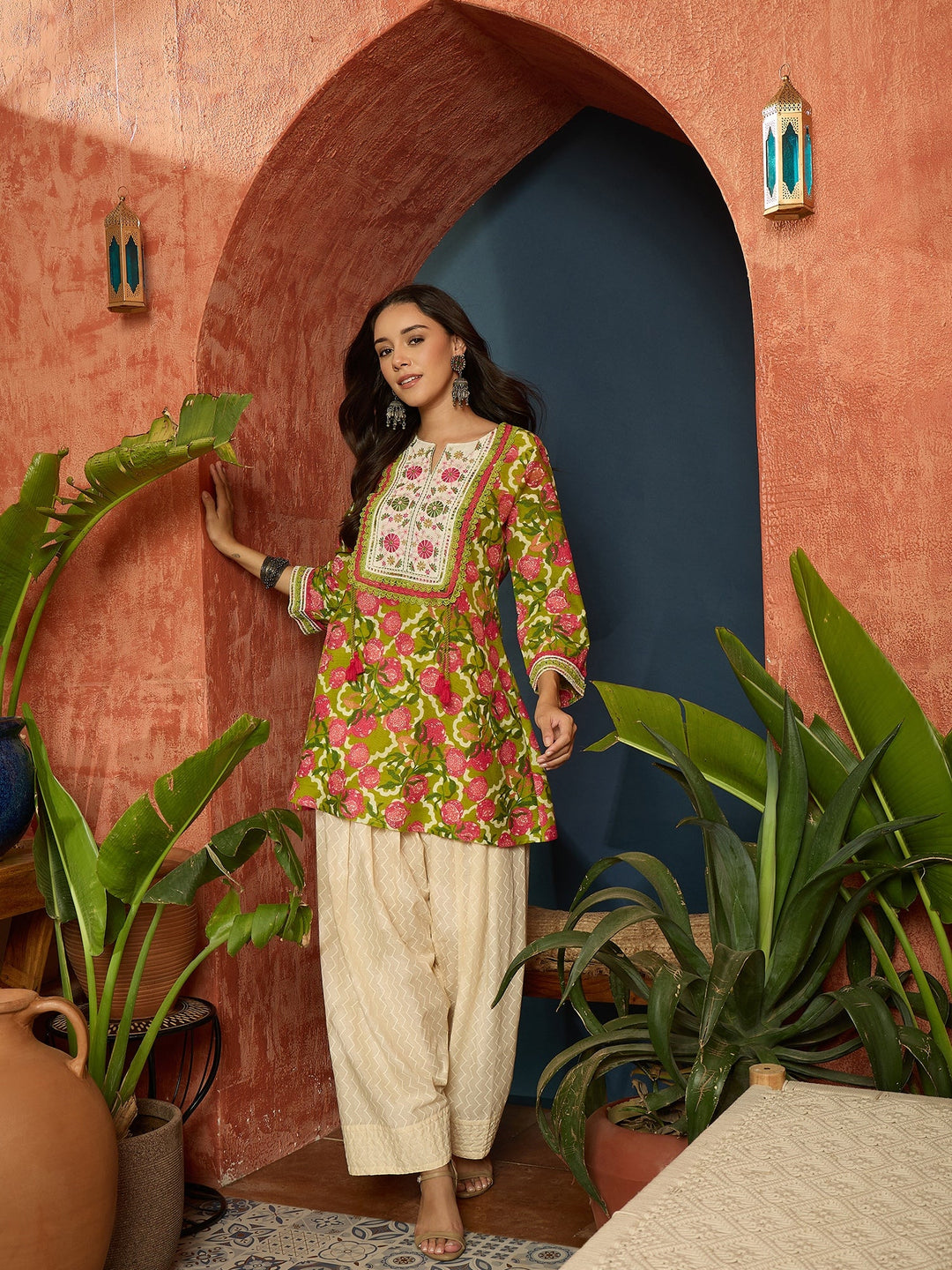 Green Floral Printed & Embroidered Cotton A-Line Short Kurti With Farshi Salwar
