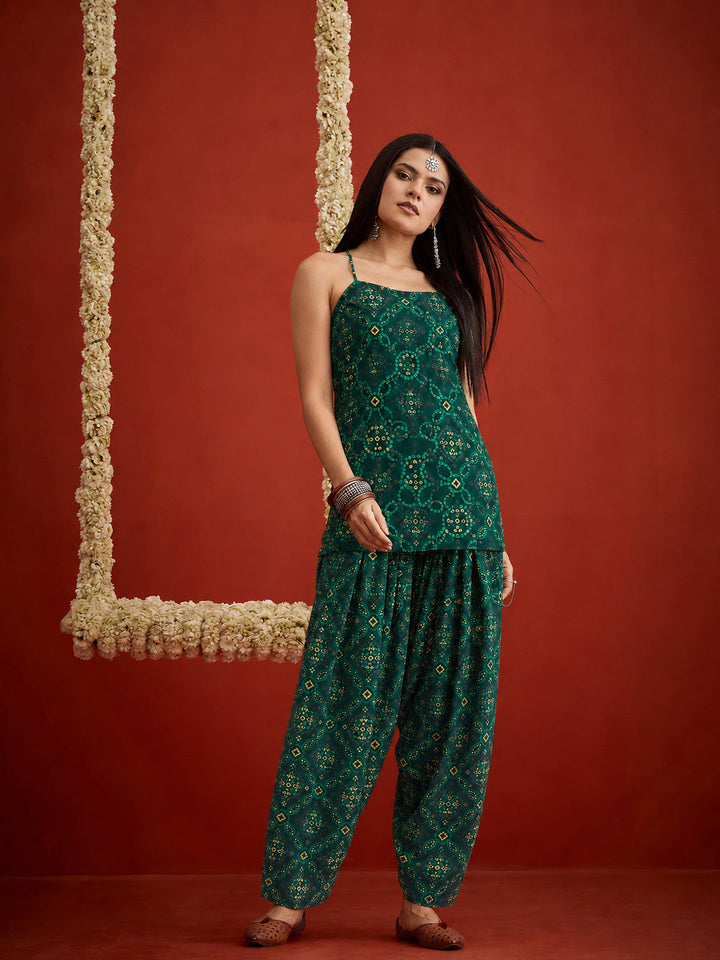 Green Bandhej Printed Reyon Straight Short Kurti With Farshi Salwar