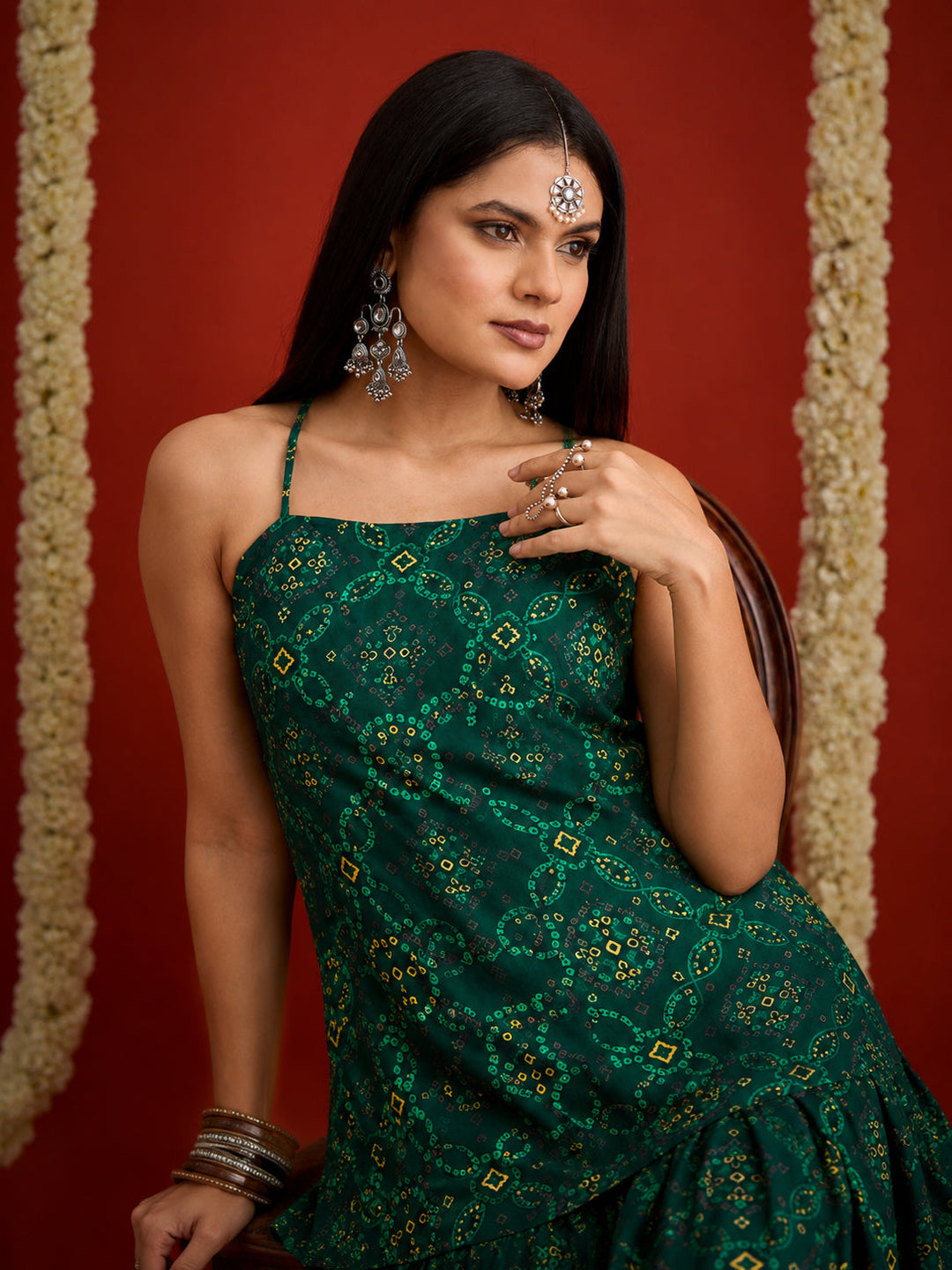 Green Bandhej Printed Reyon Straight Short Kurti With Farshi Salwar